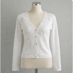 Y2K Vintage White Sheer Mesh Floral Embroidered V-Neck Cardigan Grunge Fairycore